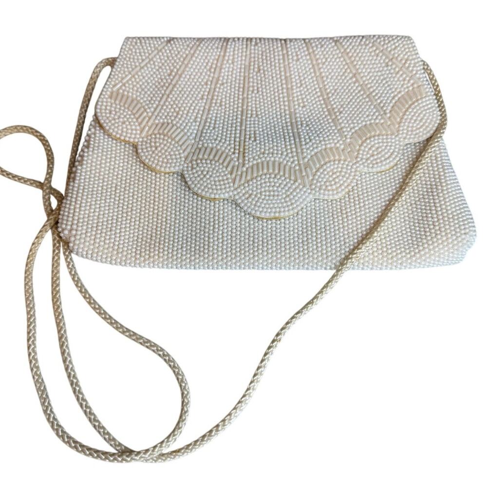 Vintage Beaded Evening Shoulder Bag White Clamshell Flap